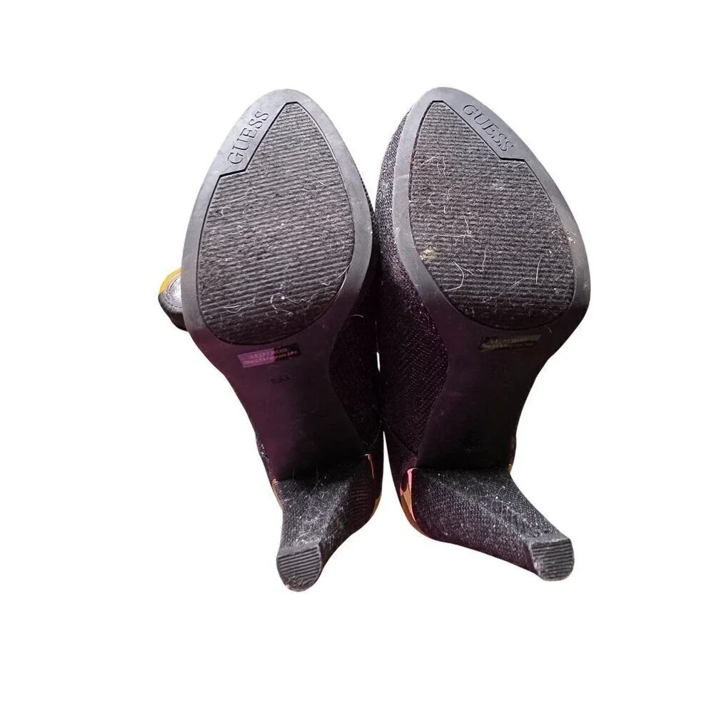 Guess Black‎ Glitter Fabric Platform Heels With Back Zipper & Ankle Strap 8.5M